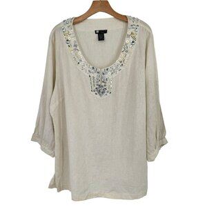 Carol Little womens blouse top tunic linen beaded embellished ivory size 2X plus
